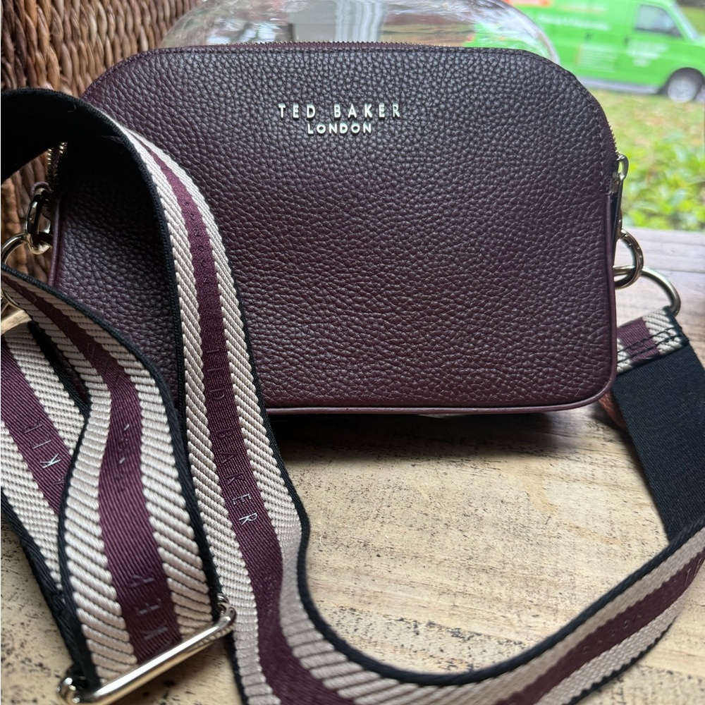 Ted Baker oxblood leatherCrossbody Bag with sporty Striped Strap.